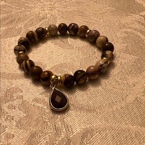 Hand Crafted Brown and Gold Beaded Bracelet with Teardrop Charm